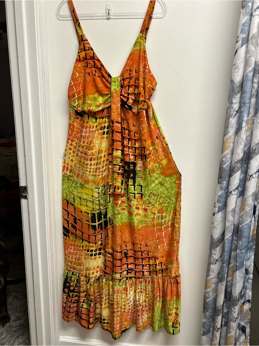Spaghetti Strap Midi Dress in Orange & Green Artsy Abstract design